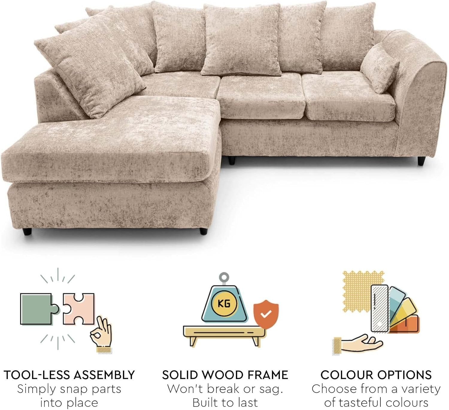 L Shaped Corner Sofa Cream Chenille – 5 Seater Couch w/ Cushions & Support