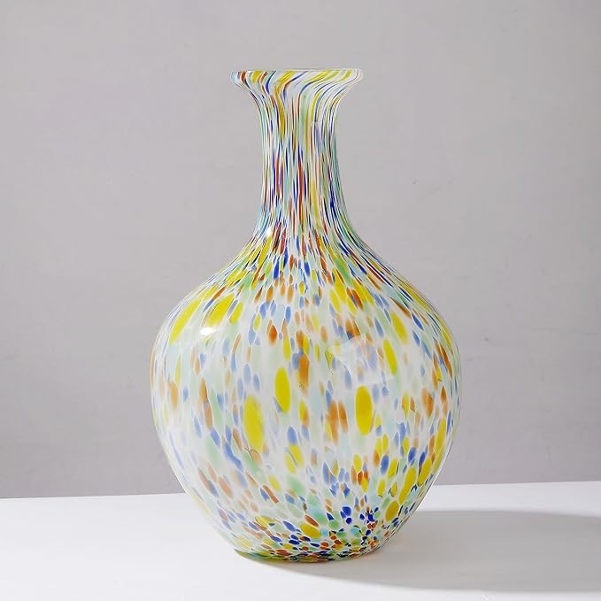 Hand Blown Colorful Glass Vase 12.5in Round Art Decor Wide Mouth