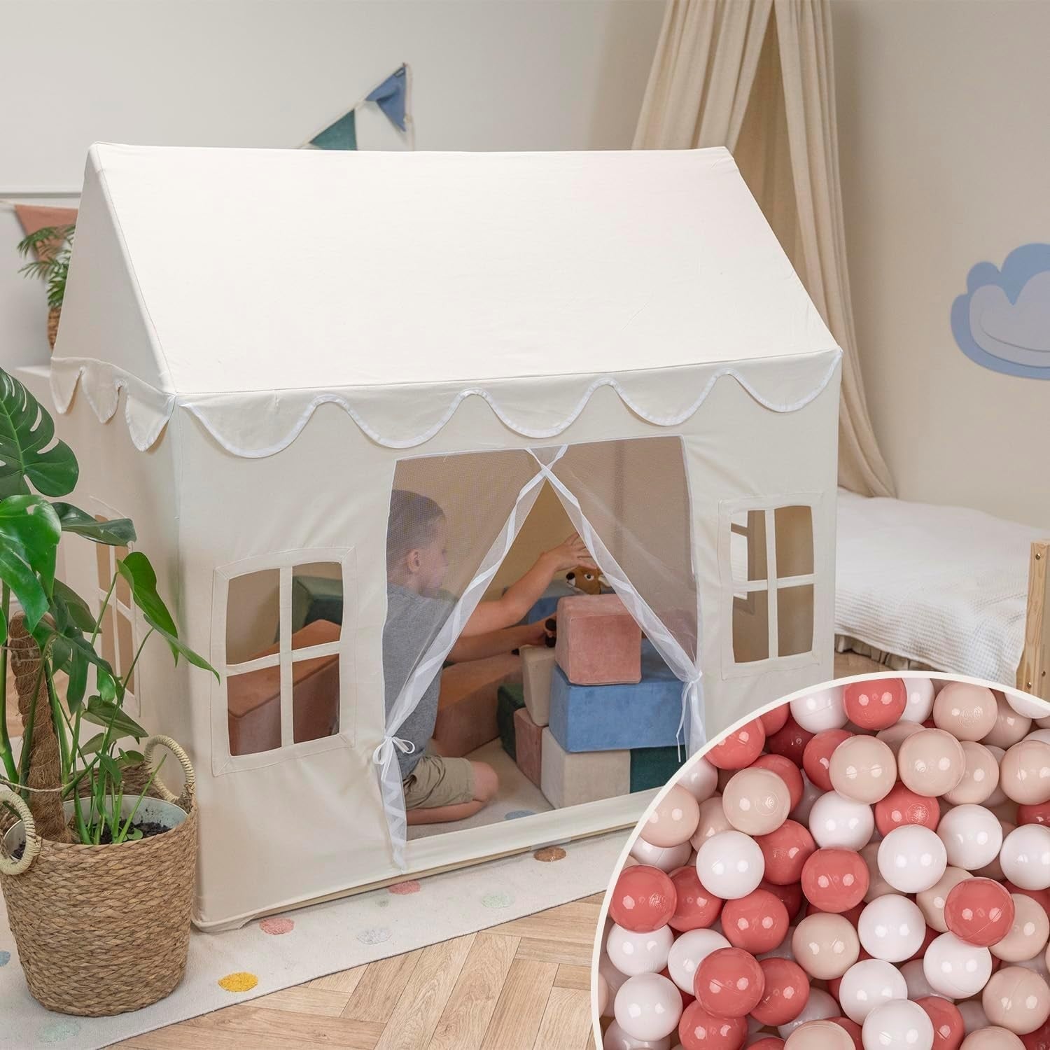 Kids Cotton Play Tent w 300 Balls Foldable Indoor Outdoor Playhouse