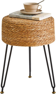 Natural Seagrass Footstool Round Woven Pastoral Stool Metal Legs 32×32×45cm