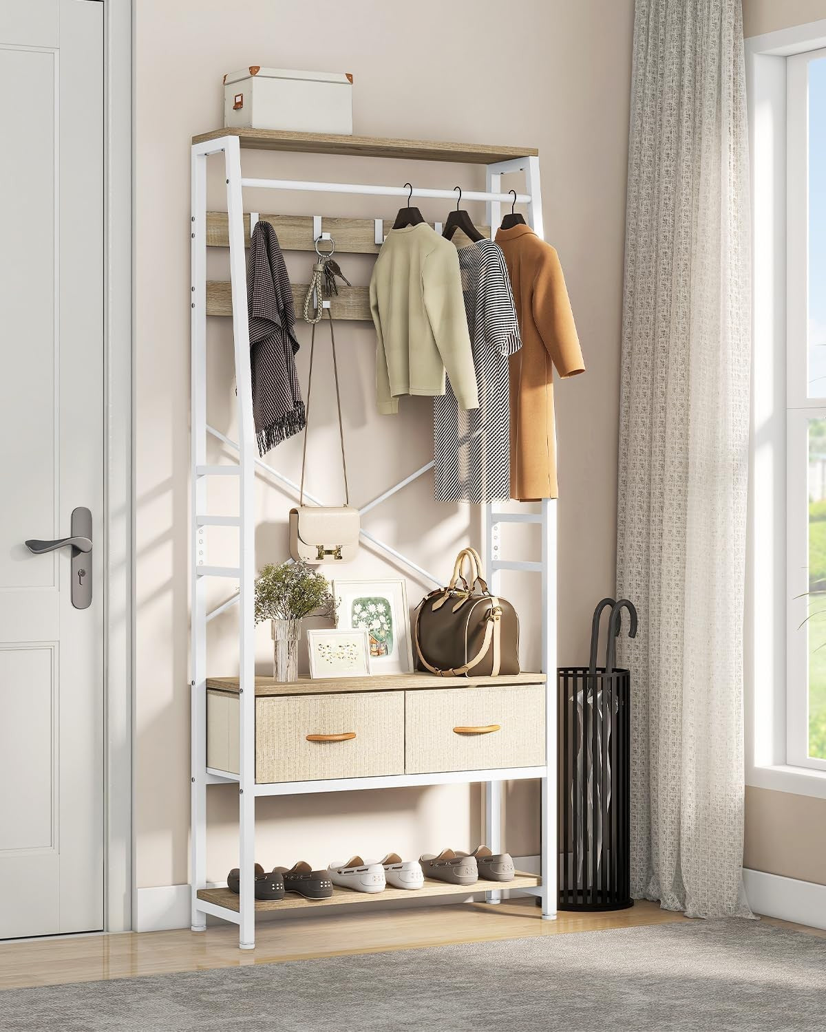 Beige Hall Tree Coat Rack with Bench | Shoe Storage & Drawers Entryway Stand