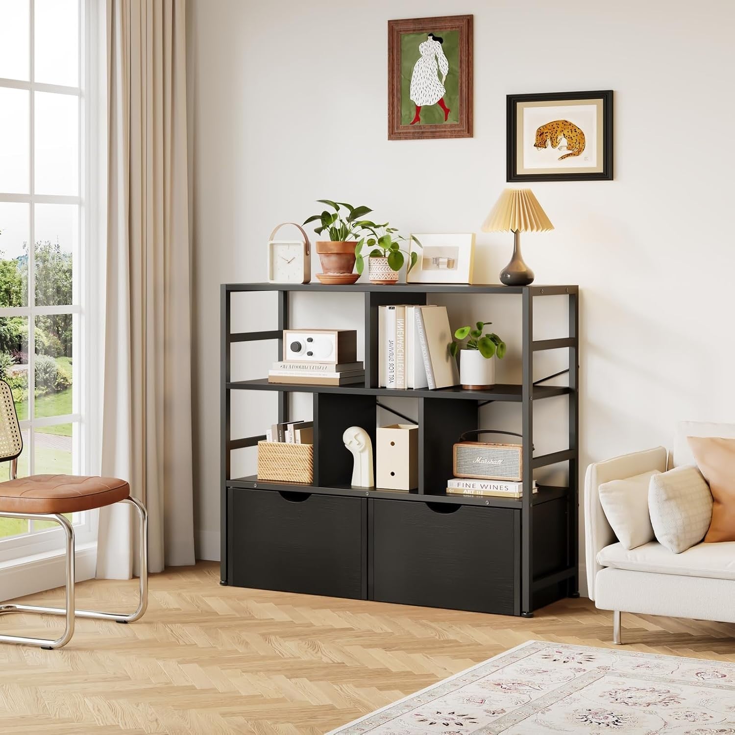 4 Tier White Bookcase with 2 Drawers Modern Storage Shelf for Living Room Black
