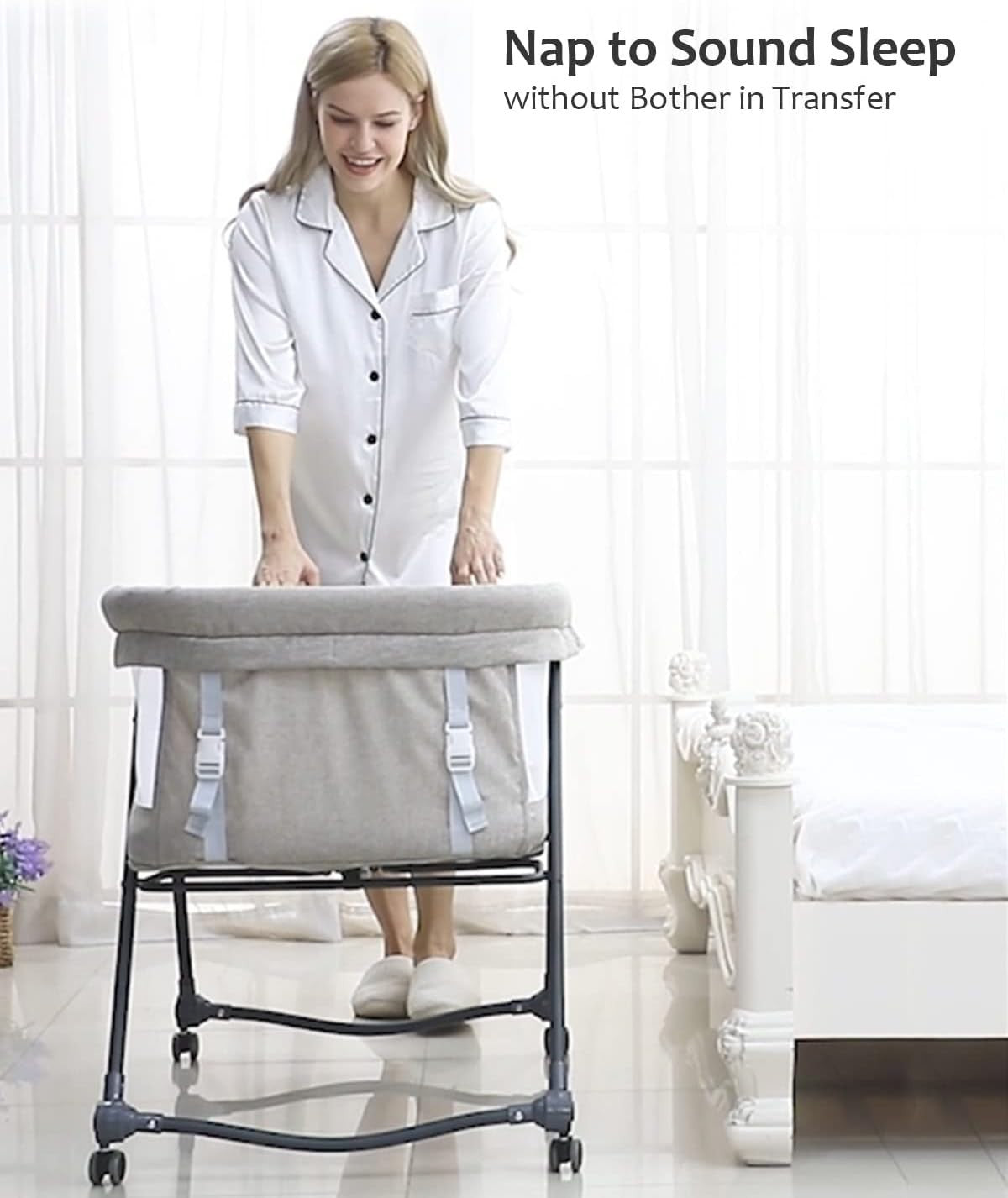 Portable Travel Cot with Mattress Rocking Bassinet Bedside Crib Silent Wheels