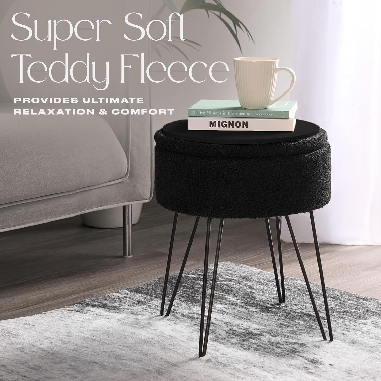 Black Bouclé Storage Stool Round Footrest Hairpin Leg Vanity Seat
