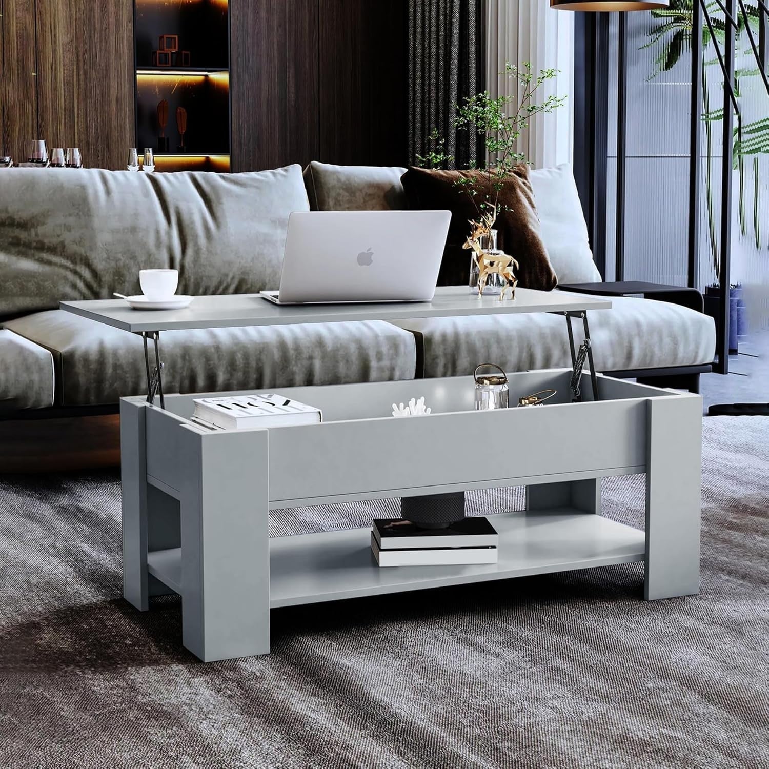Lift Top Coffee Table with Hidden Storage – Grey Wooden Table 100x50cm