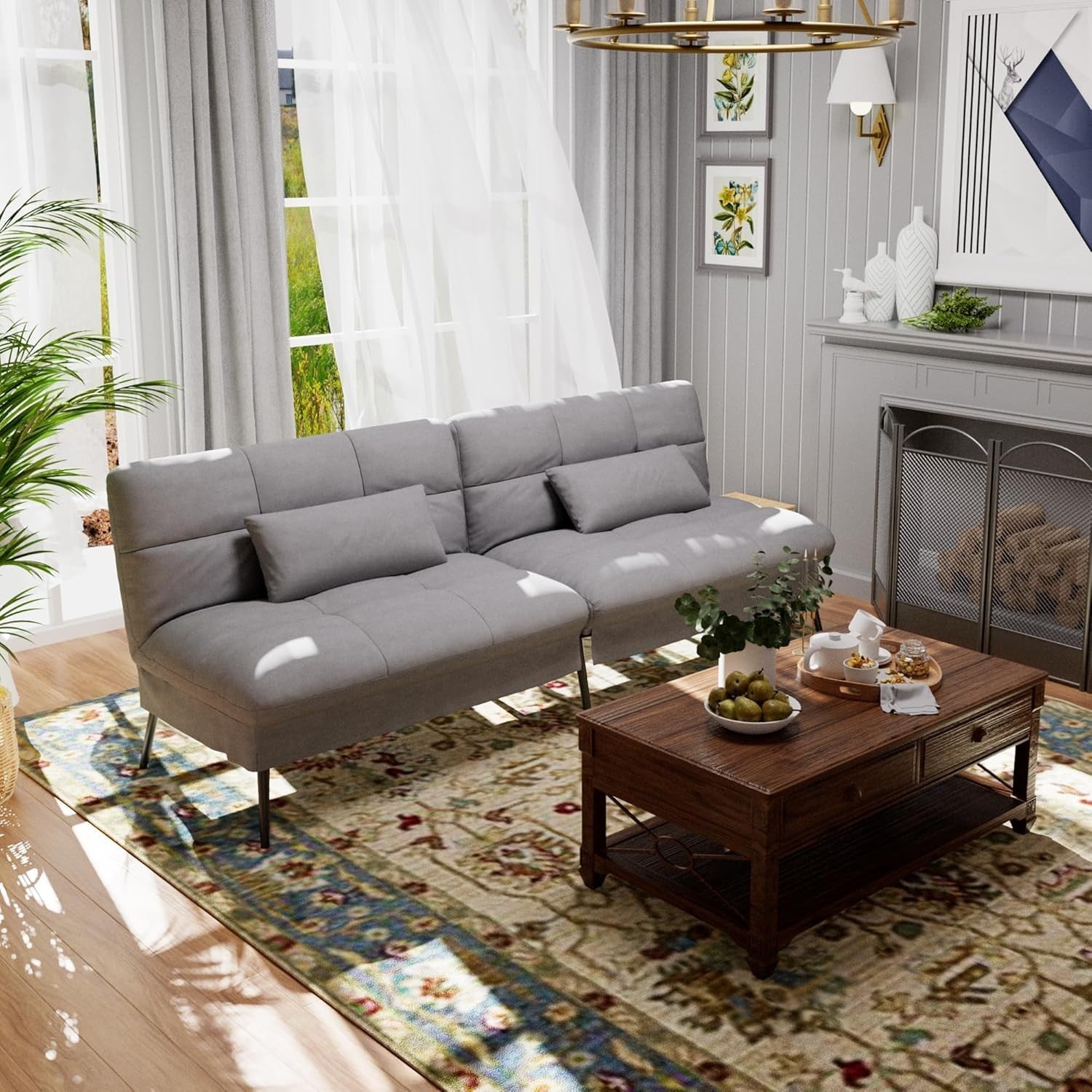 3 Seater Grey Sofa Bed Fabric Futon Couch Adjustable Back Guest Room