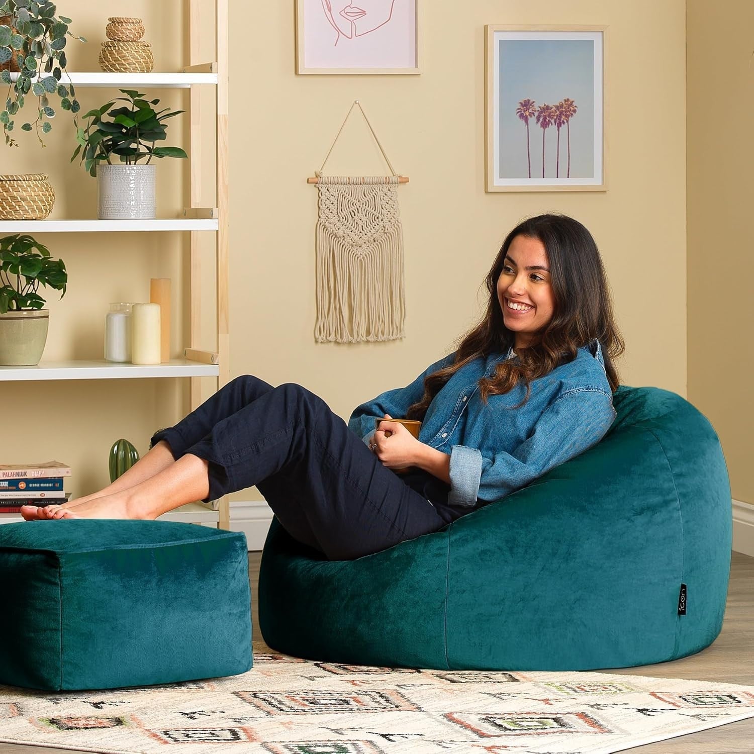 Velvet Bean Bag Chair with Footstool Adult Lounge Seat Teal Green
