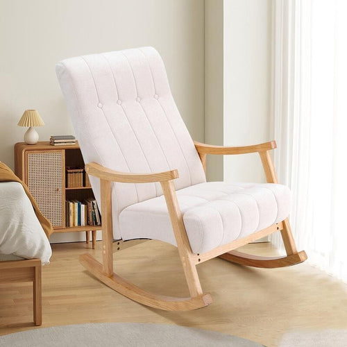 Beige Velvet Rocking Chair Tufted Armchair with Wooden Frame Lounge Seat