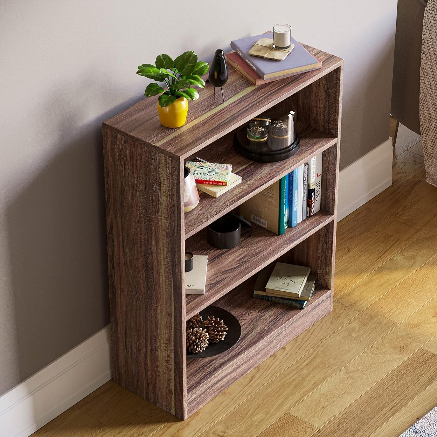 3 Tier Walnut Wooden Bookcase Modern Storage Display Shelf for Living Room Low