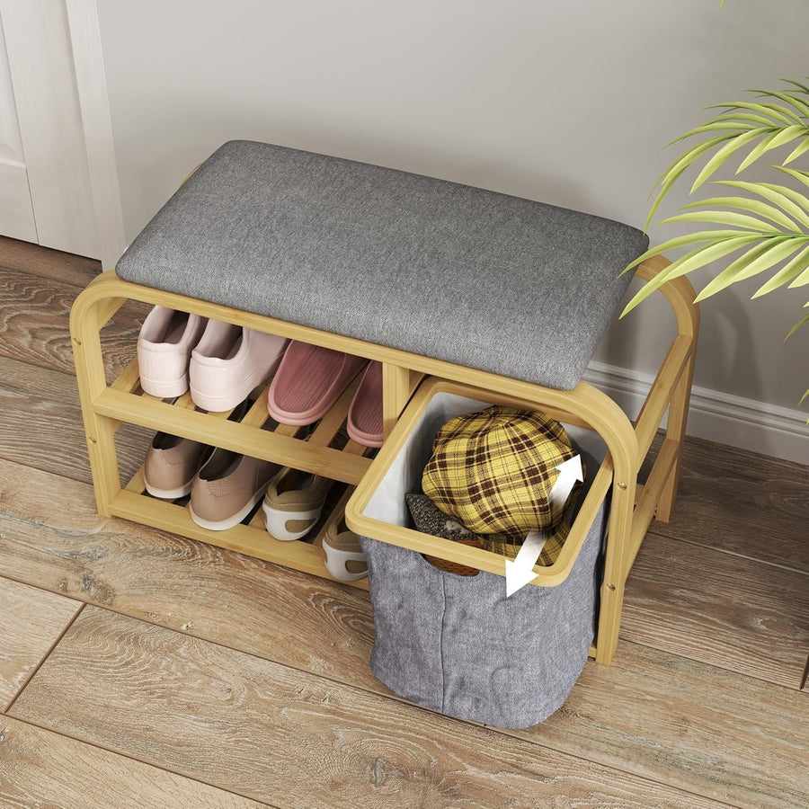 Natural Bamboo Shoe Storage Bench with Cushion & Basket 2 Shelves Entryway