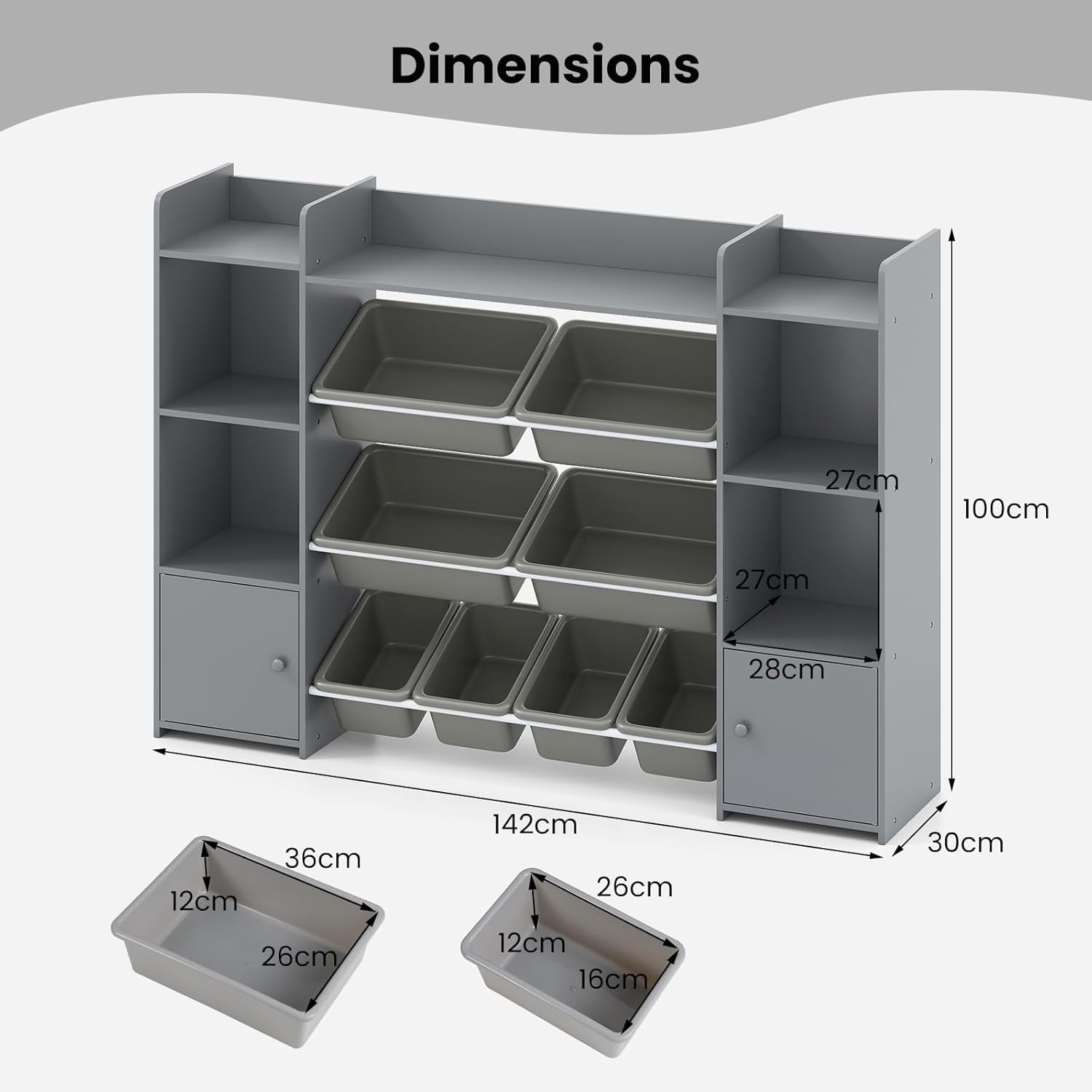 Kids Toy Storage Unit with Bins & Shelves – Large Grey Bookshelf 142cm