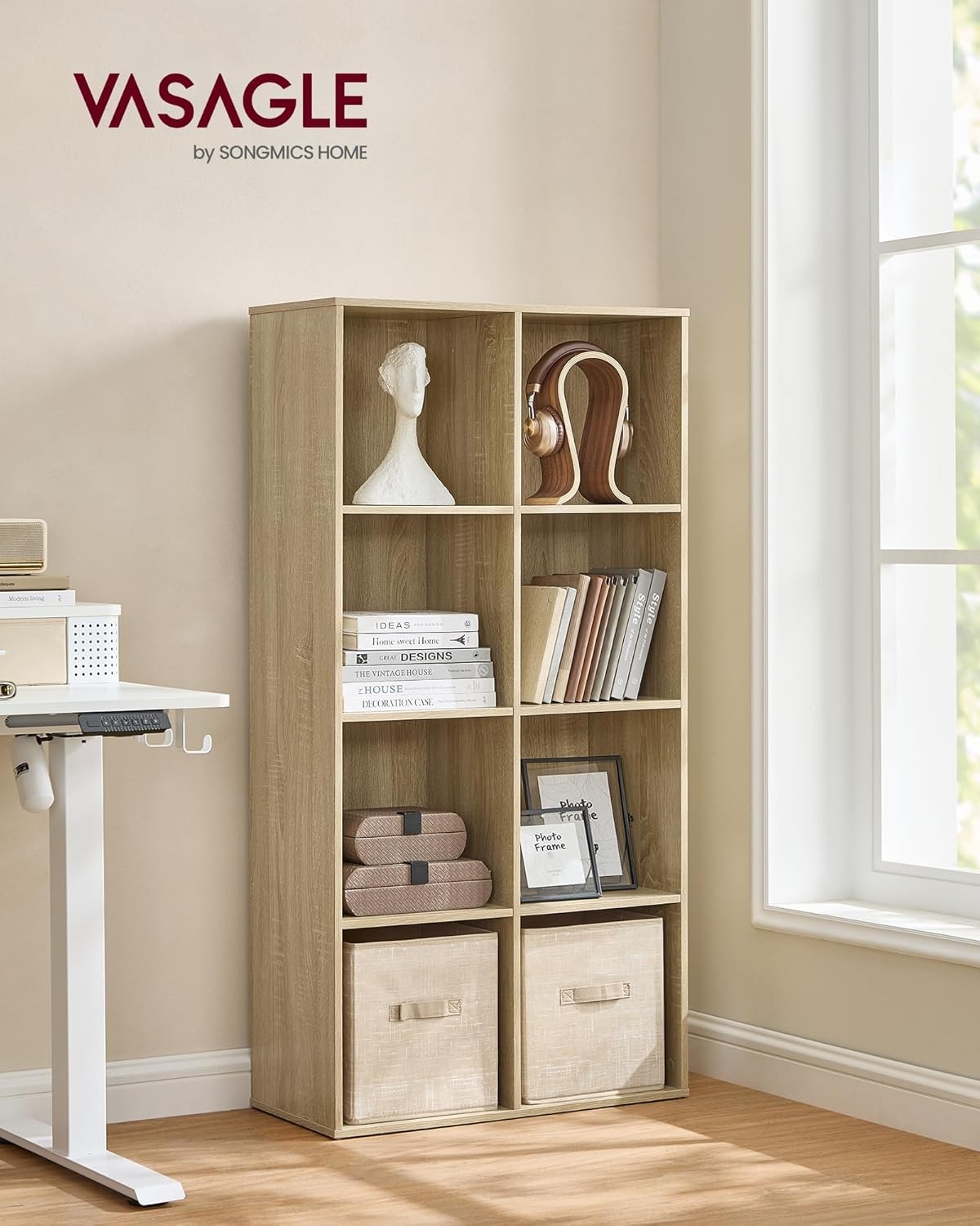 8-Cube Oak Bookcase | Tall Storage Shelf Unit for Living Room Office Bedroom