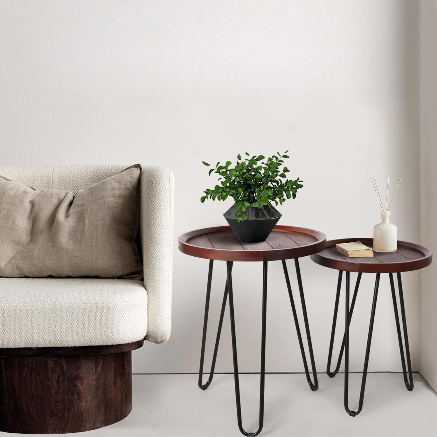 Round Wood Nesting Coffee Table Walnut Metal Frame Side End Tables Set of 2