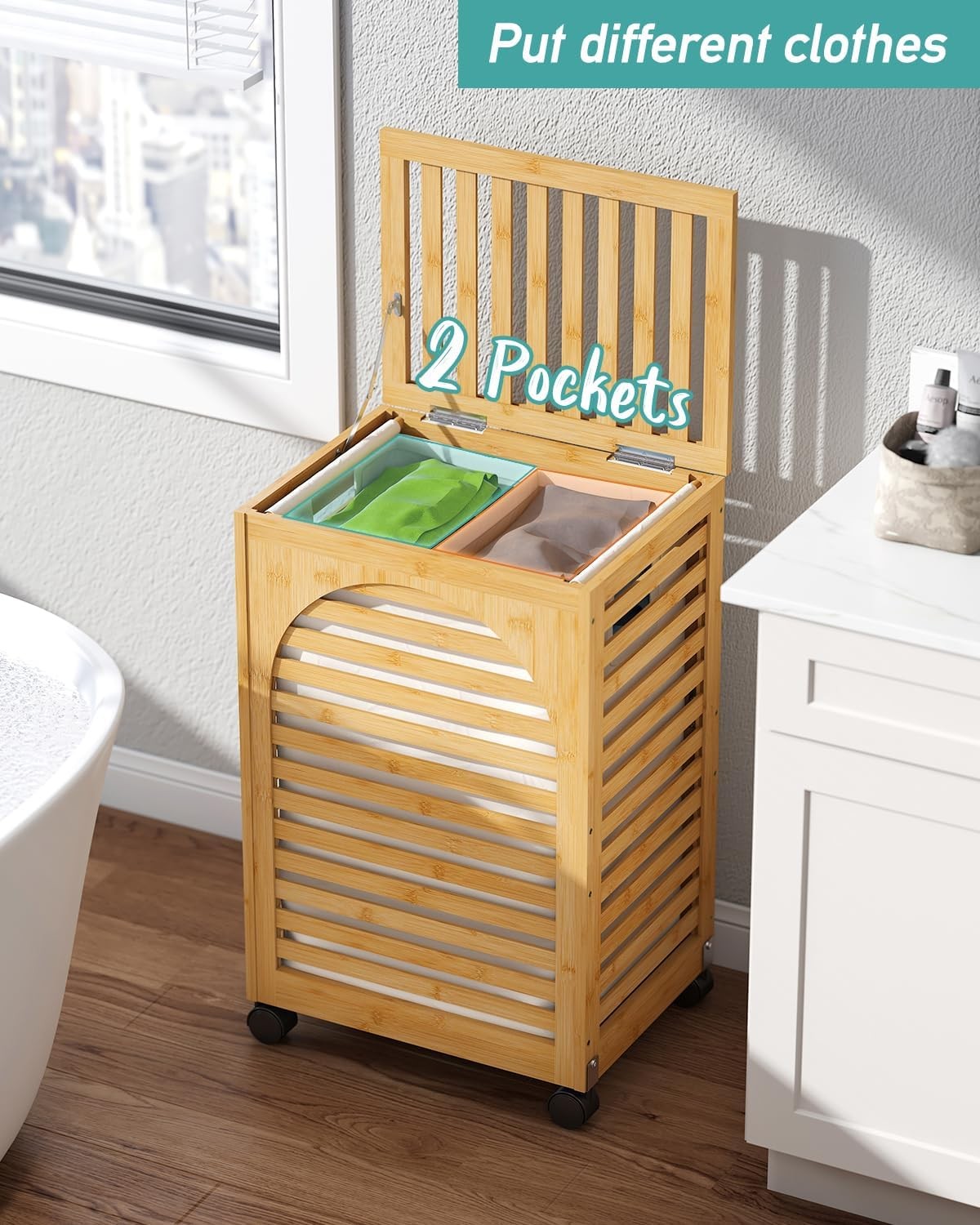 85L Natural Bamboo Laundry Hamper on Wheels 2 Section Basket with Lid & Liner