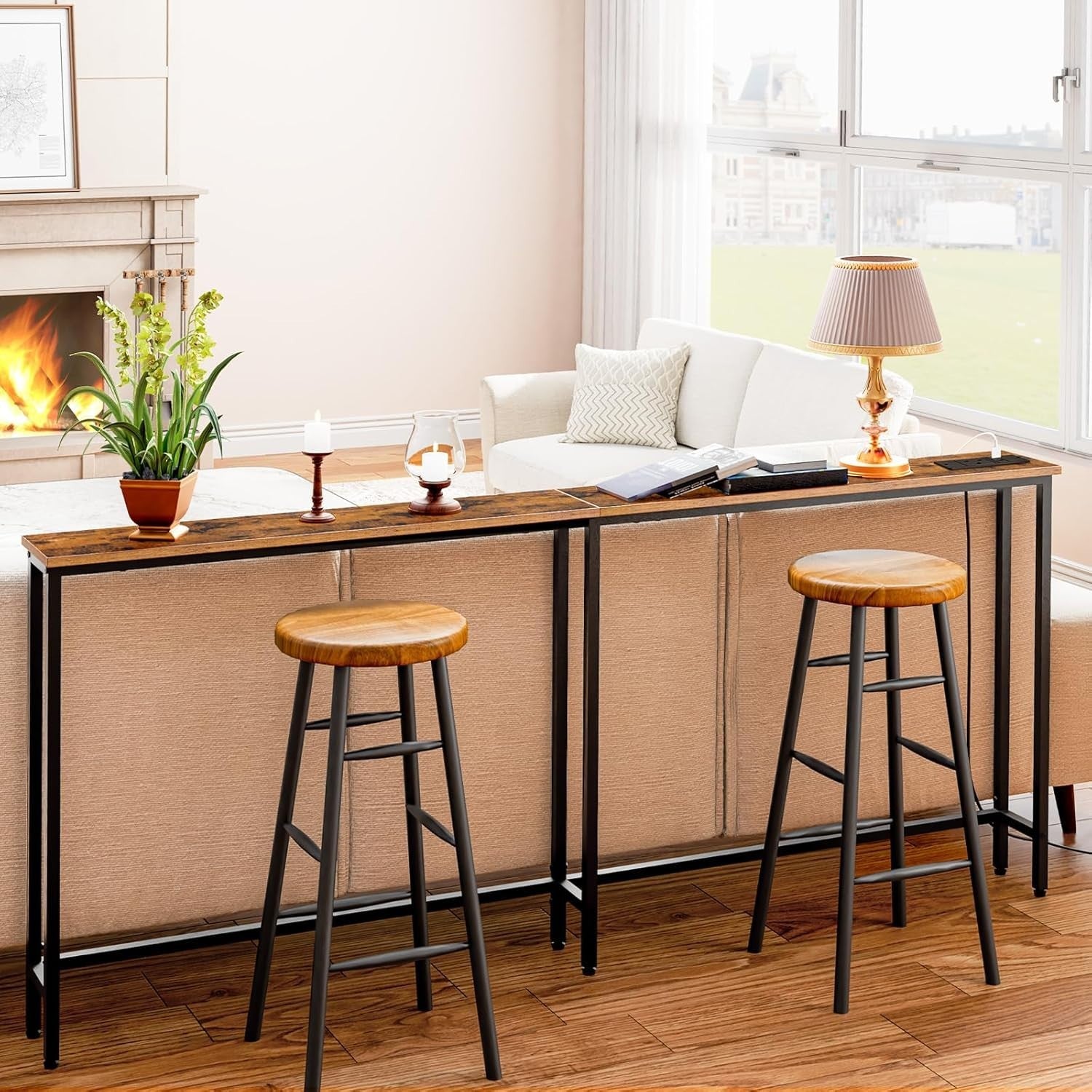 Slim Hallway Console Table with USB Charging, Narrow 180cm, Rustic Brown