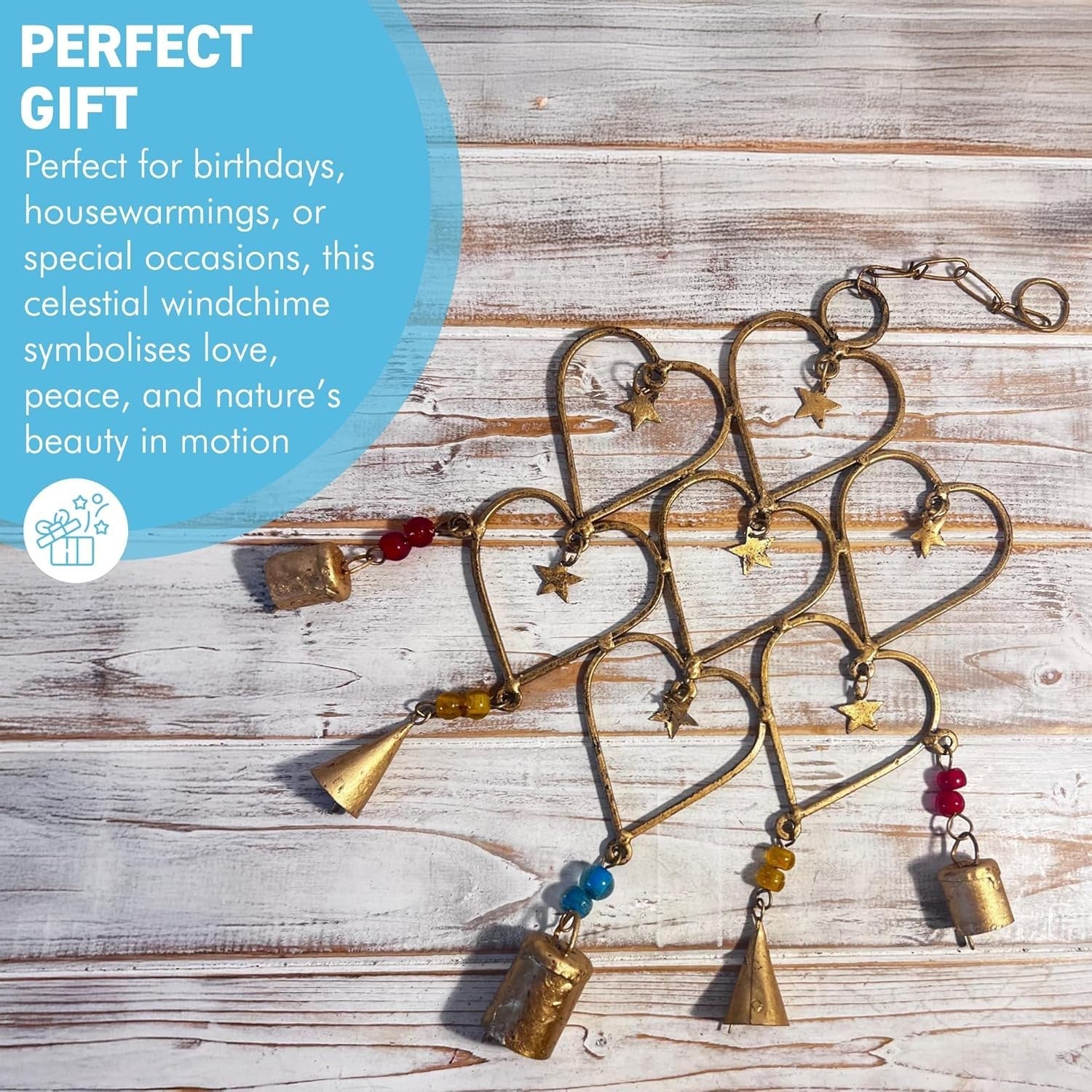 Heart & Stars Metal Windchime Garden Ornament | Distressed Boho Hanging Decor