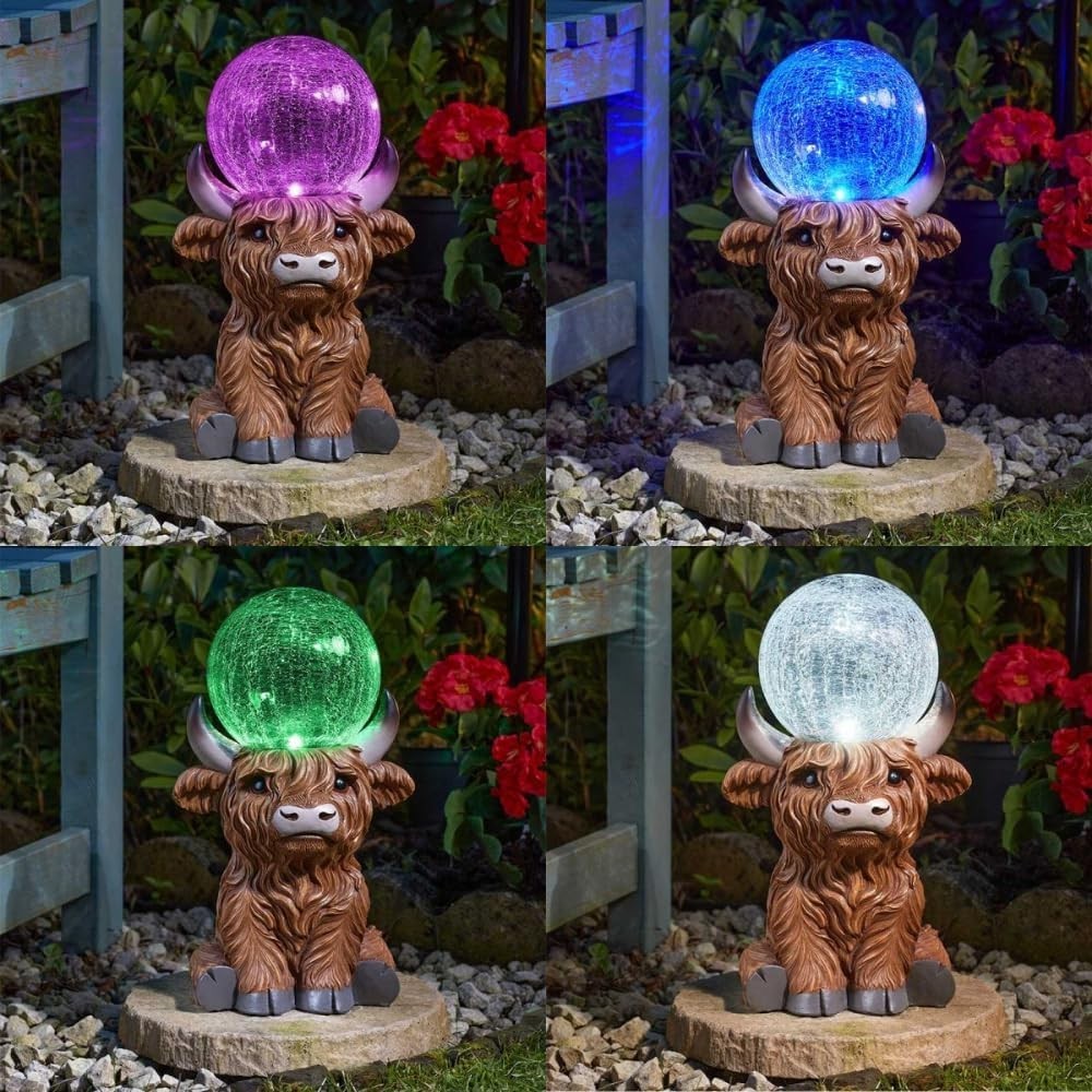 Solar Highland Cow Garden Ornament with LED Crackle Ball Resin Outdoor Statue