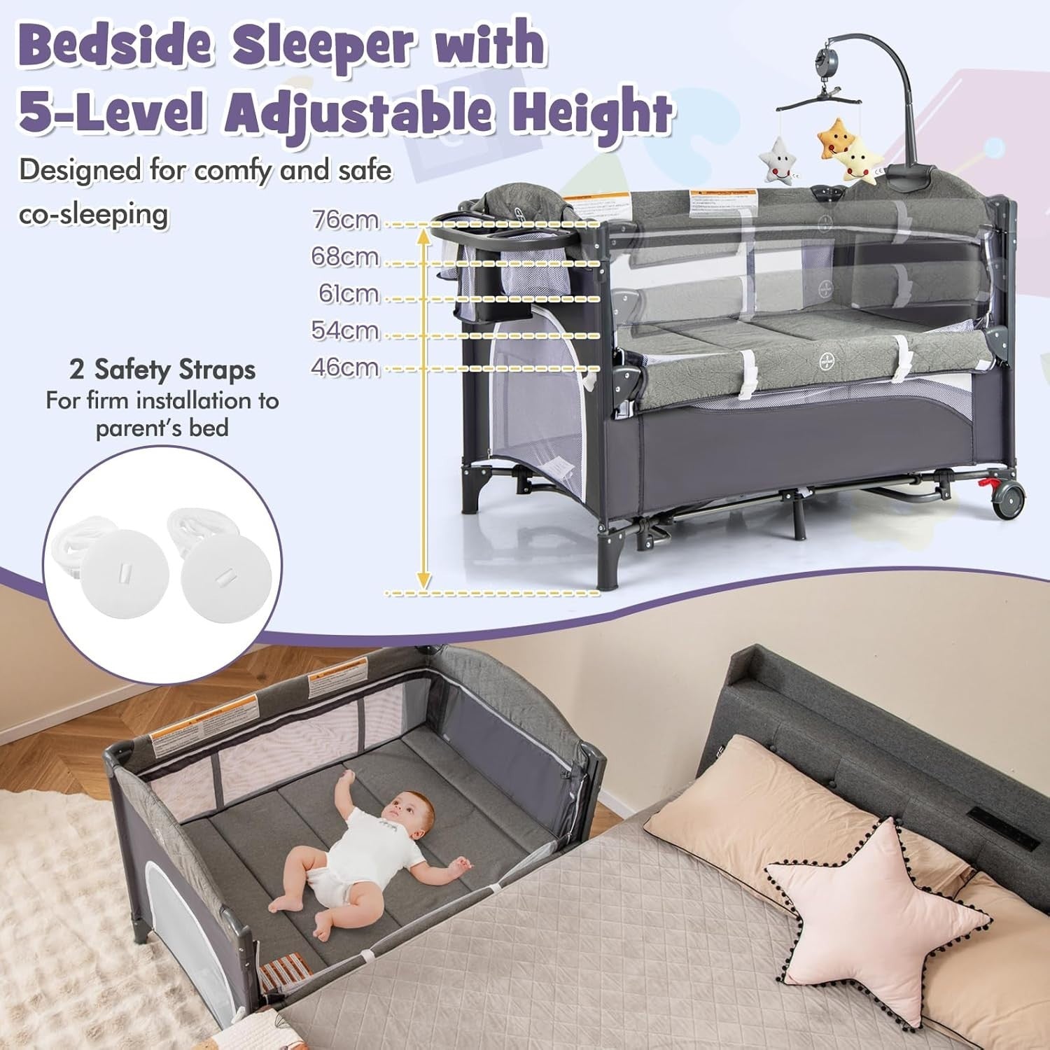 6in1 Baby Travel Cot Foldable Crib with Mattress, Changer & Storage Classic