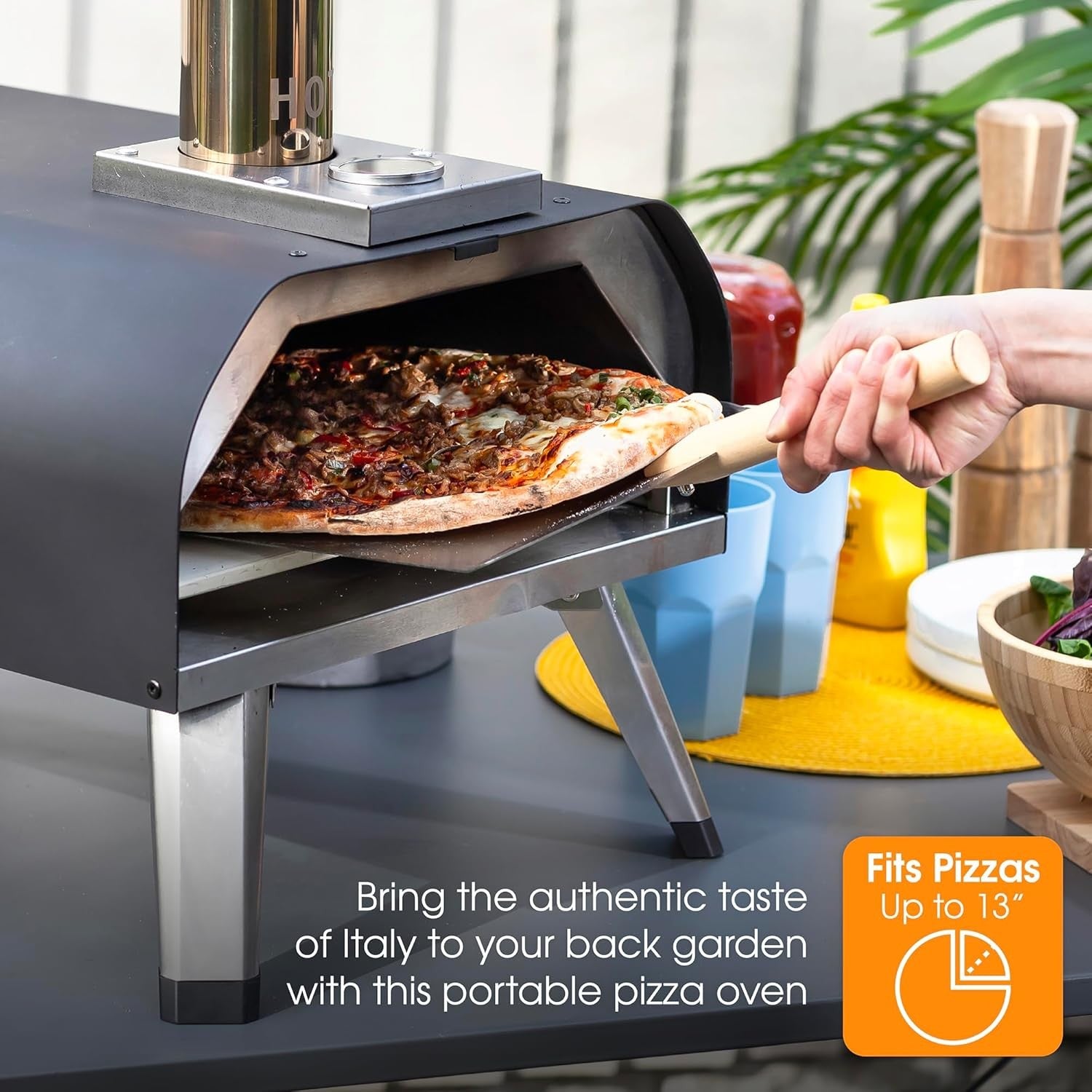 Outdoor 13" Wood Pellet Pizza Oven | Portable Garden BBQ Cooker w Paddle & Cover