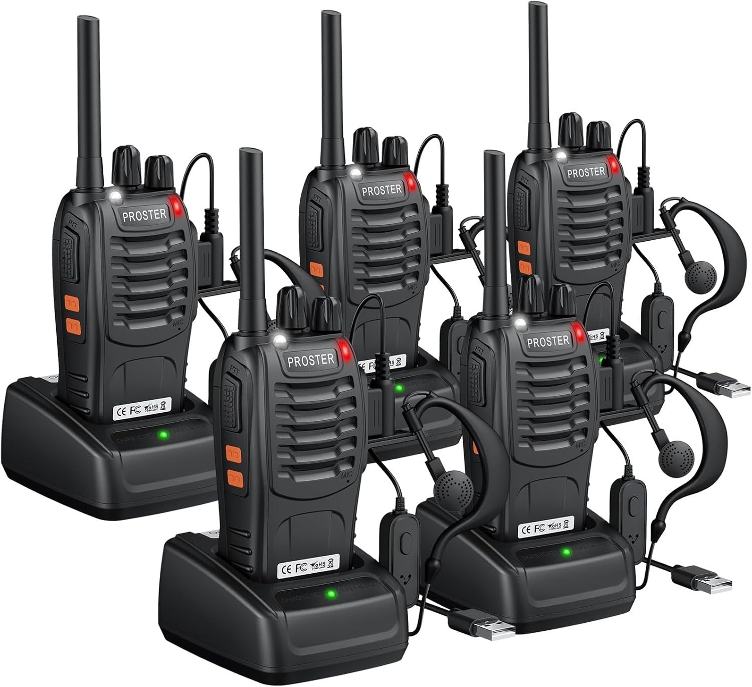 Walkie Talkies 5 Pack Long Range Rechargeable VOX PMR446 Radio Set