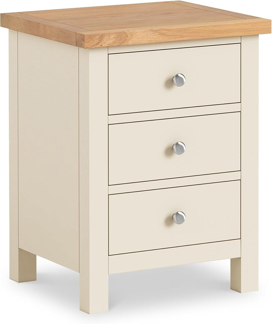 Cream 3 Drawer Bedside Table with Oak Top – Solid Wood Nightstand