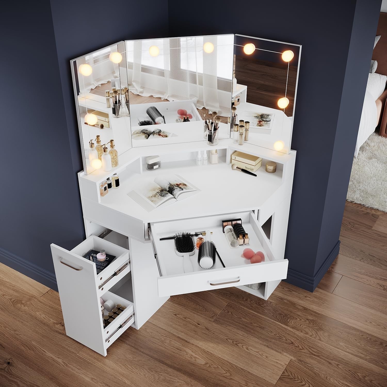 Corner Makeup Vanity Desk with 3-Mirror LED Lights Dresser & Drawers White