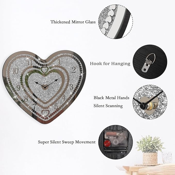 Heart Shape Crushed Diamond Mirror Wall Clock Silver Crystal Sparkle 35×40cm