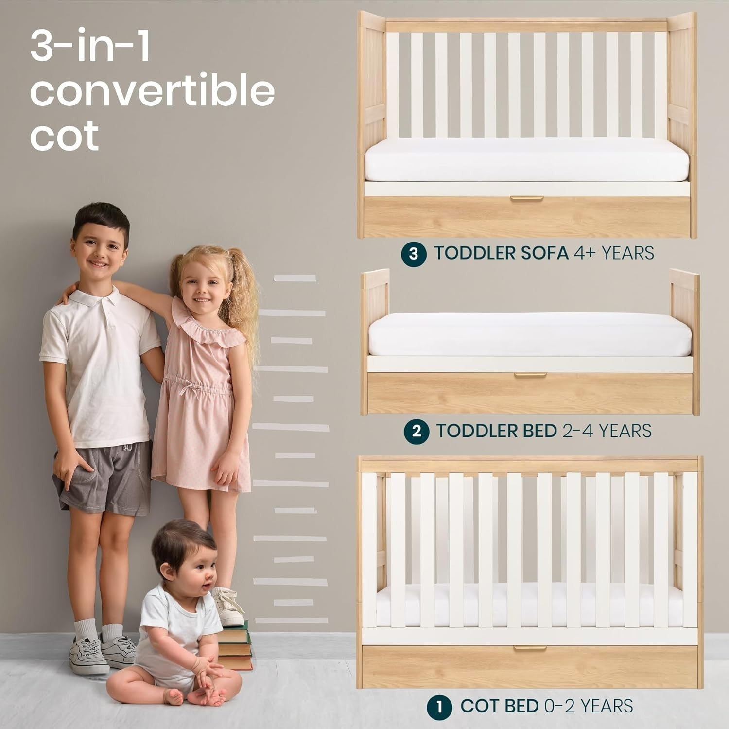 3in1 Mini Cot Bed with Drawer Toddler Sofa Adjustable Height Wooden Frame
