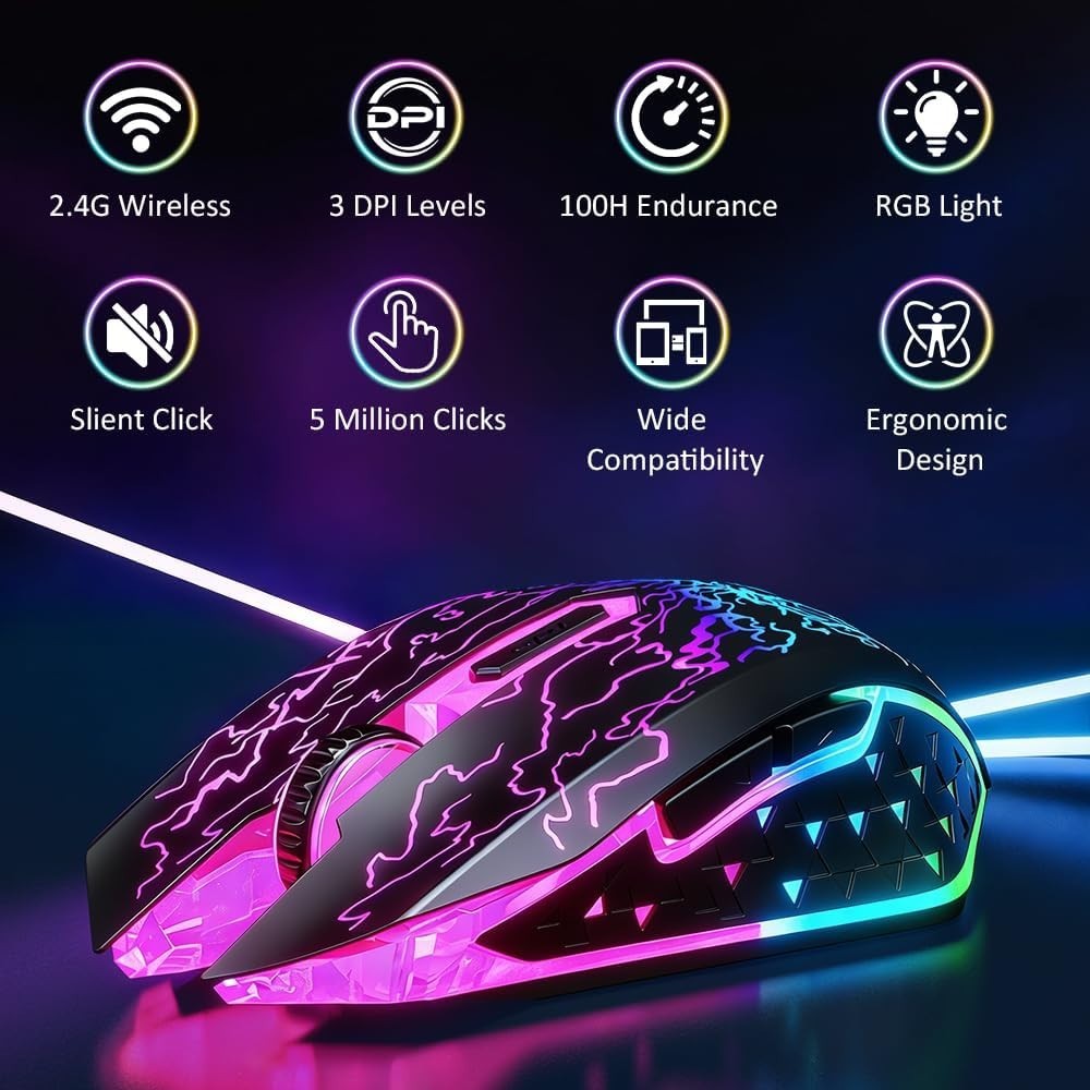 RGB Wireless Gaming Mouse Silent Click Rechargeable 2.4G USB PC Laptop