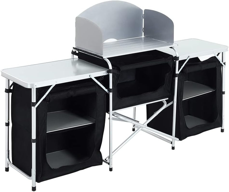 Outdoor Camping Kitchen Cupboard with 5 Shelves & Windshield Stove Table