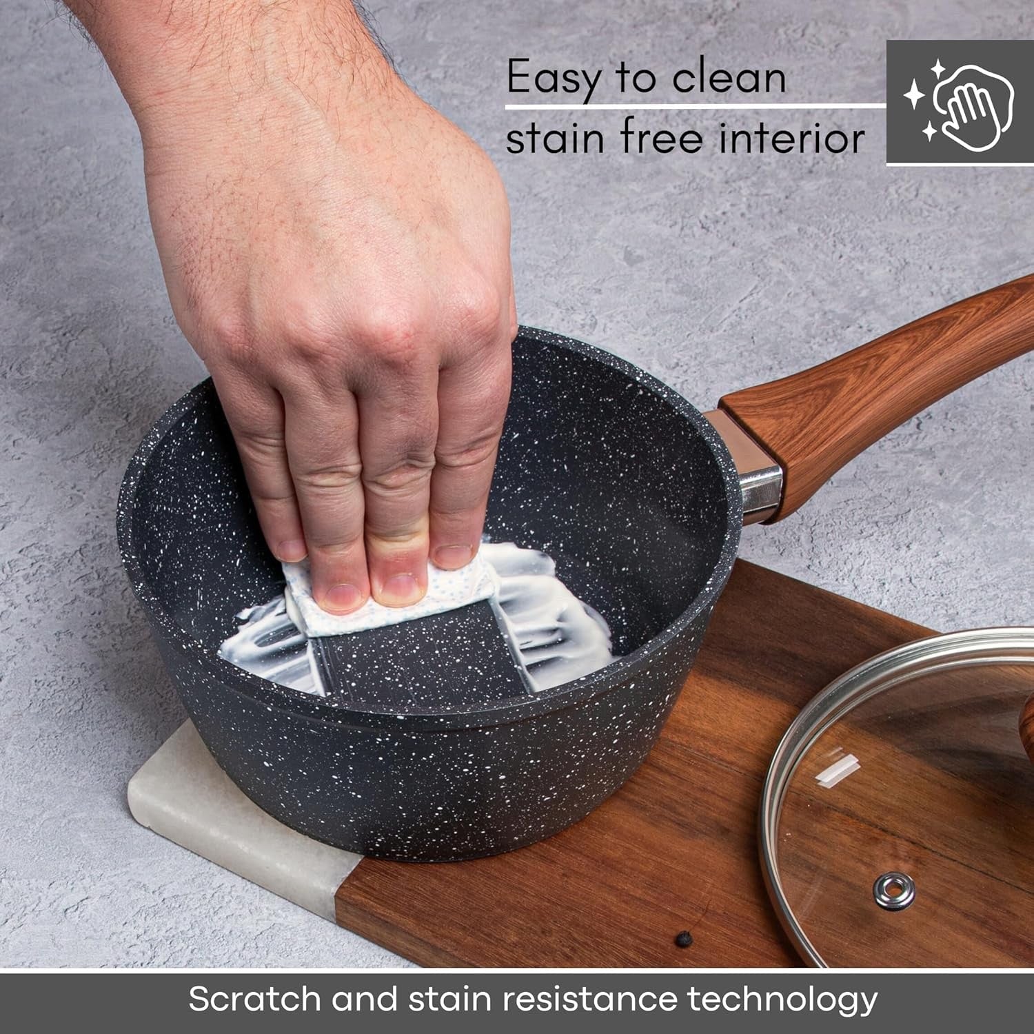 18cm Non-Stick Marble Saucepan with Glass Lid Induction & Gas Ready