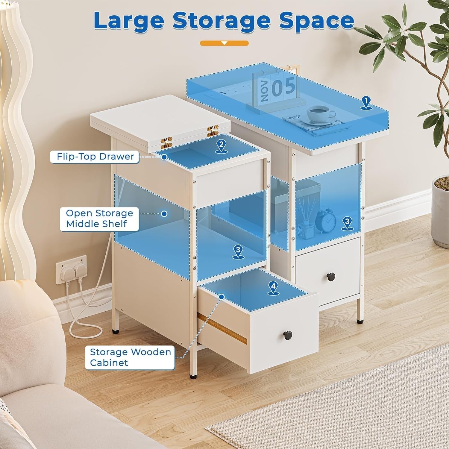 Slim White Smart Bedside Table with LED Light, USB Charging & Drawer