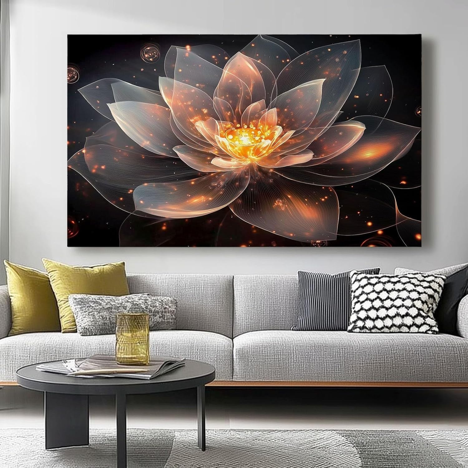 Extra Large Orange Black Lotus Canvas Wall Art 100x50cm