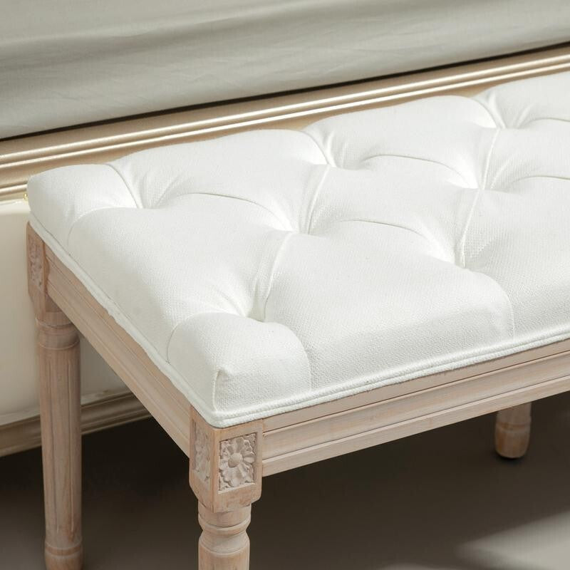 French Style End of Bed Bench Cream White Upholstered Tufted Seat 117cm