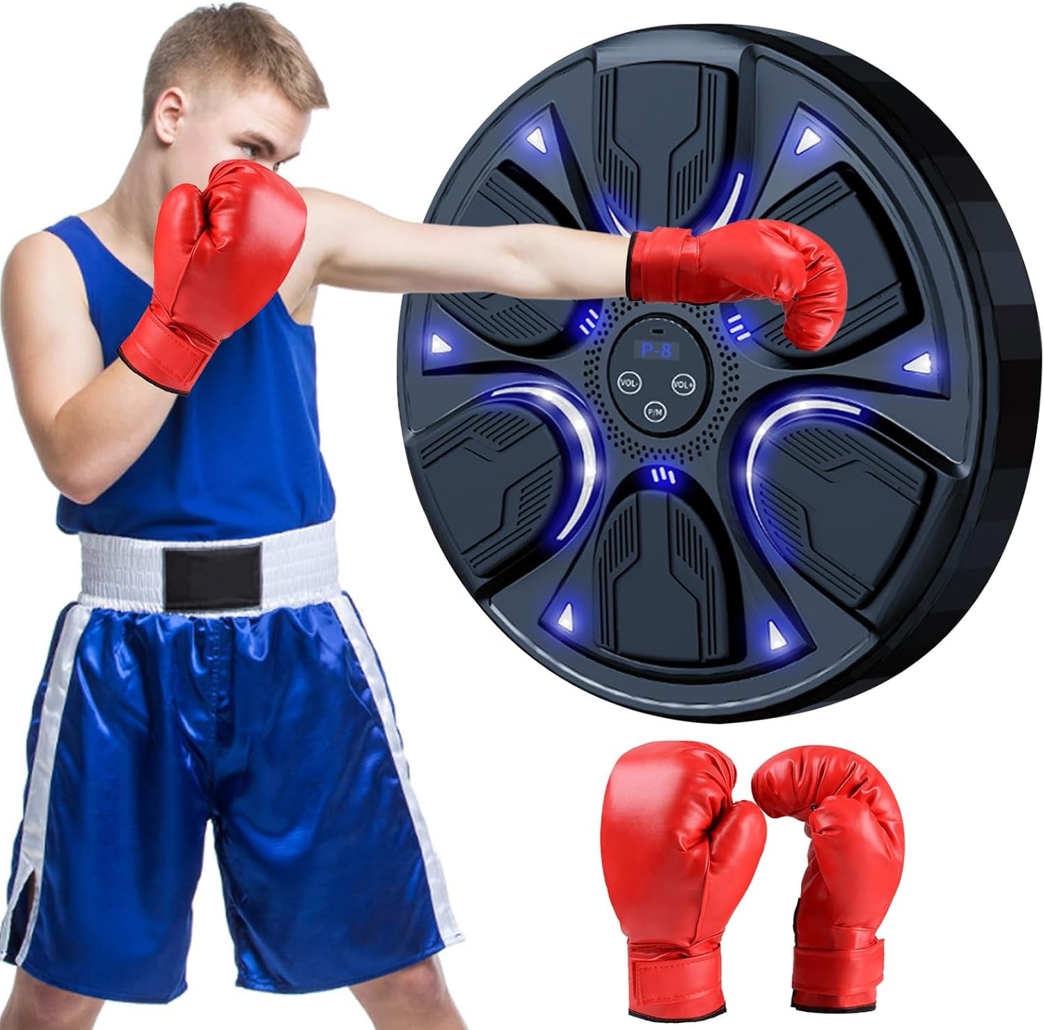 Music Boxing Machine Black Blue LED Wall Punch Trainer with Gloves