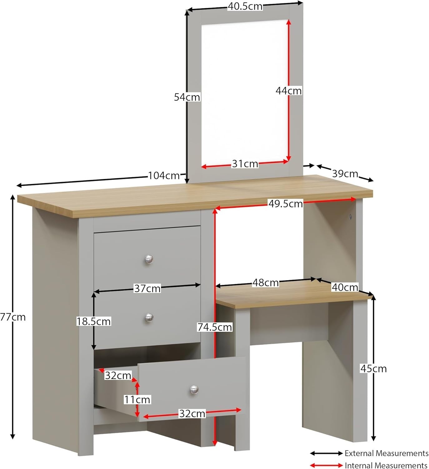 Modern 3 Drawer Chest Tall Dresser Grey Oak Veneer Bedroom Storage