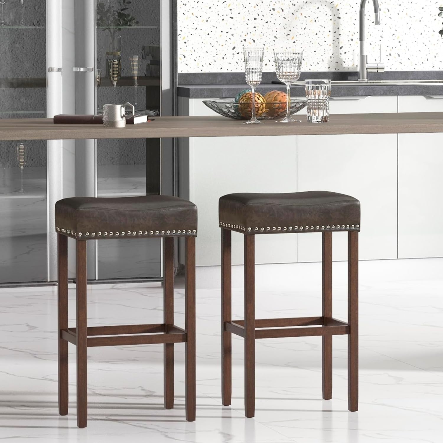 Gray & Brown Saddle Bar Stools Set of 2 – Solid Wood Counter Chairs