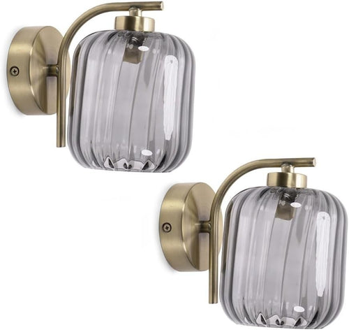 Gold Wall Lights Pair Smoked Glass Shade | Art Deco Sconce Fixtures