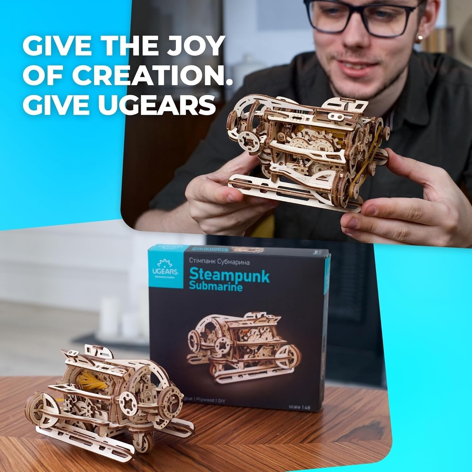 3D Wooden Steampunk Submarine Puzzle Model - Mechanical Brain Teaser Kit