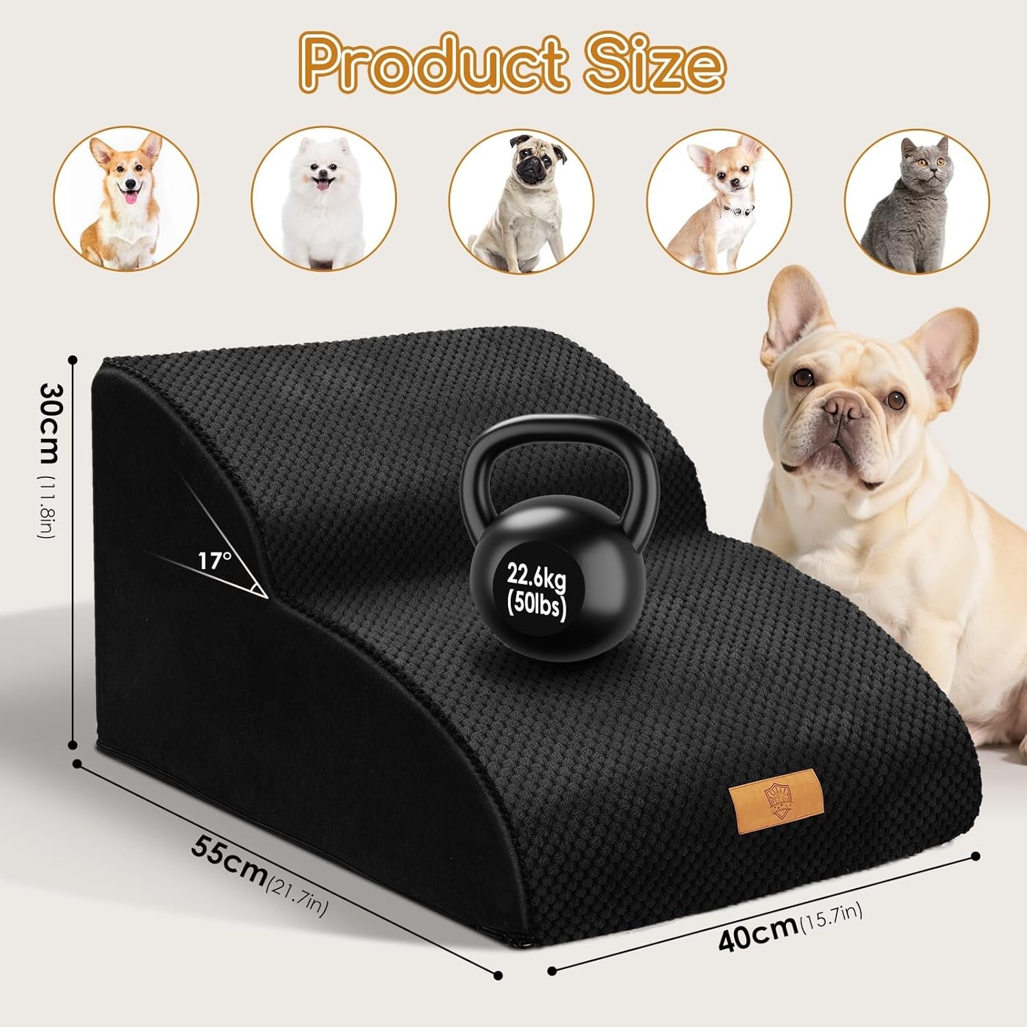 Black 2 Step Dog Stairs Non Slip Foam Pet Ramp 55x40x30cm
