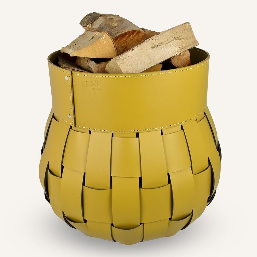 Yellow Leather Firewood Basket with Wheels – Indoor Log Holder, 45x45x48 cm