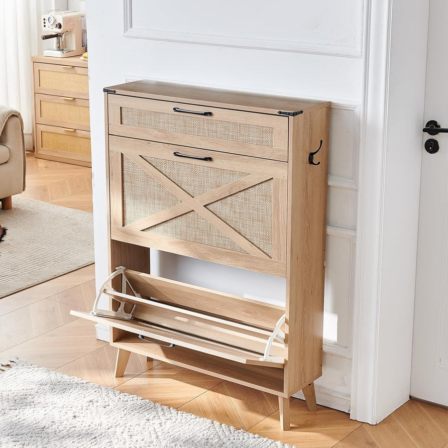 Slim Entryway Shoe Cabinet with Rattan Flip Drawers & Adjustable Shelves