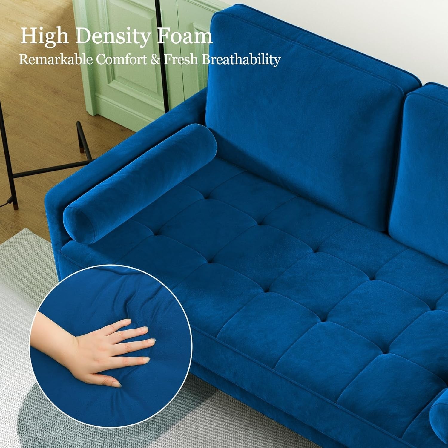 Blue Velvet 2 Seater Sofa Small Space Comfy Couch Wood Legs Living Room