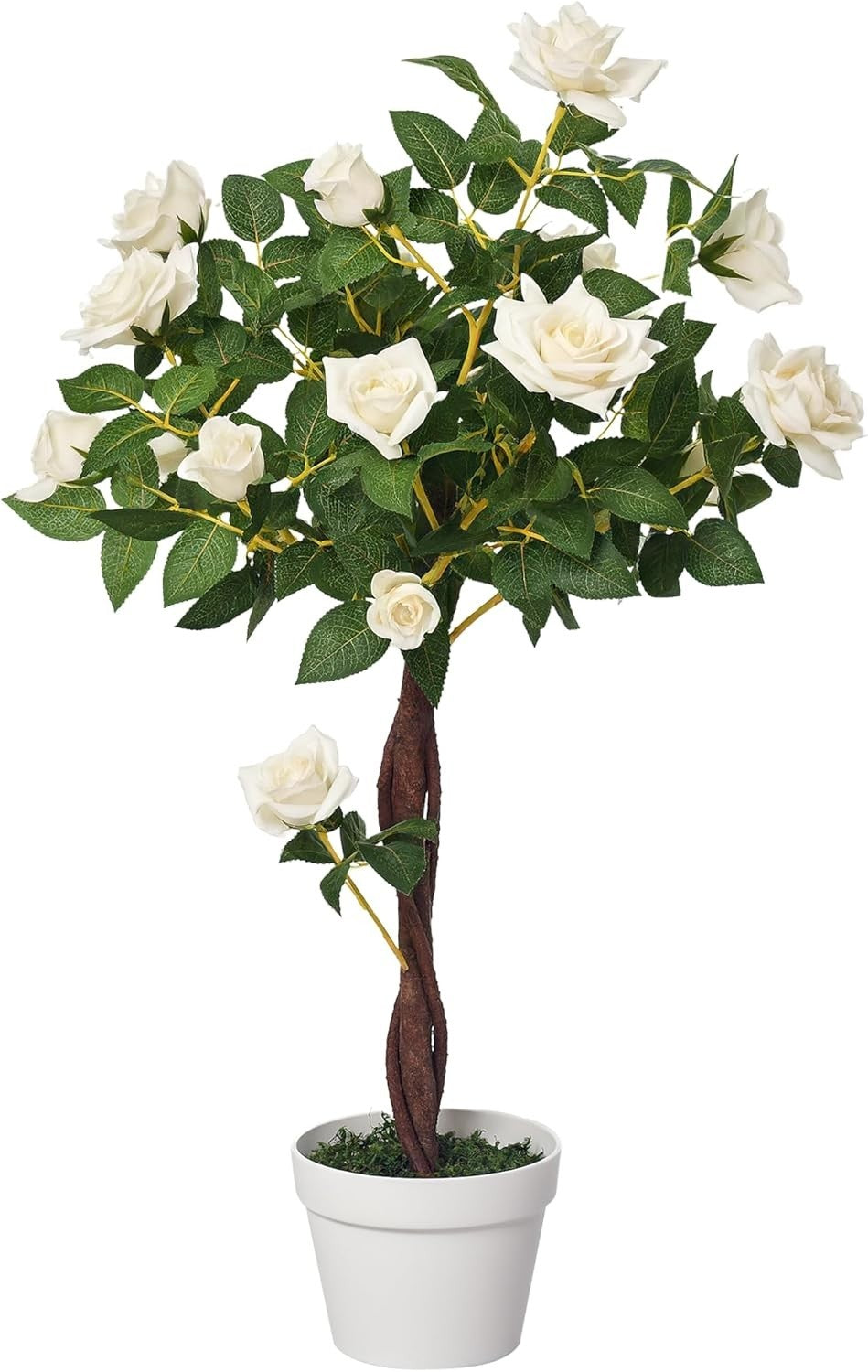 Artificial Rose Tree 90cm / 3ft White Faux Flower Plant Potted Home Garden Decor