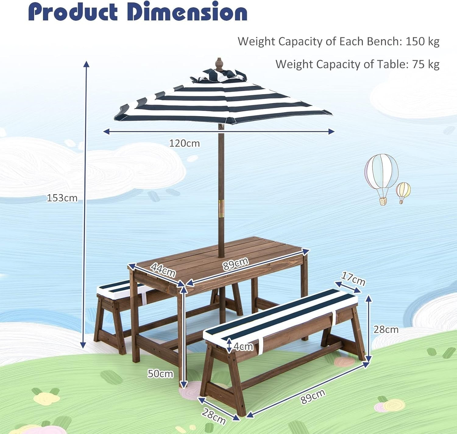 Kids Wooden Picnic Table Set with Cushions & Removable Umbrella, Blue