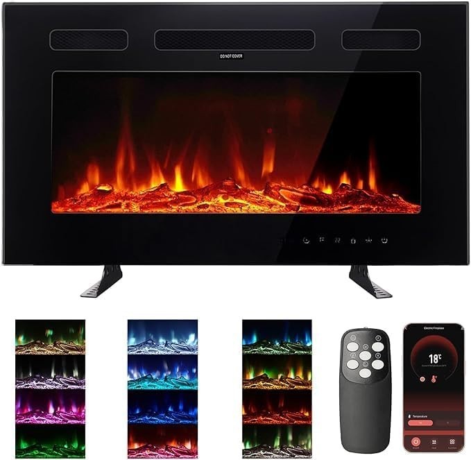 Chrome Electric Fireplace LED Flame Black Heater 2kW Freestanding Fire