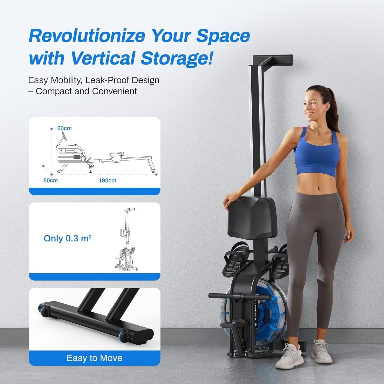 Water Rowing Machine 6-Level Resistance Quiet Steel Frame App Compatible