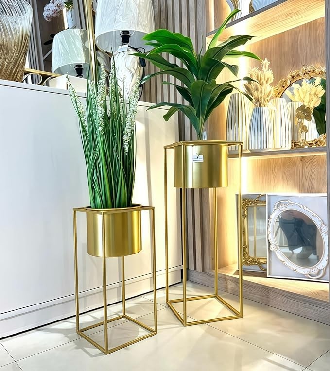Set of 2 Tall Gold Metal Plant Stands Indoor Outdoor Modern Flower Pots