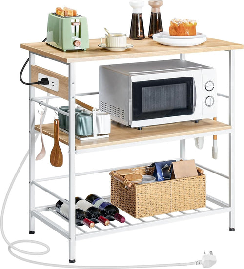 HOOBRO Kitchen Island Table with Storage, Power Outlet & Microwave Stand 90x48cm