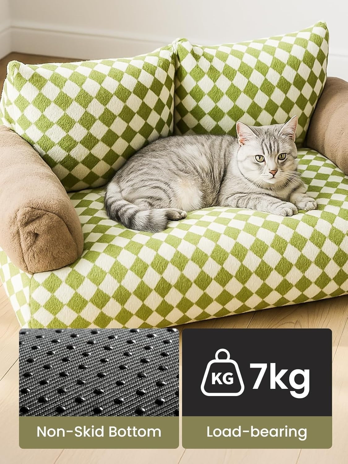 Fluffy Cat Sofa Bed Plush Pet Couch Removable Washable Cover Green